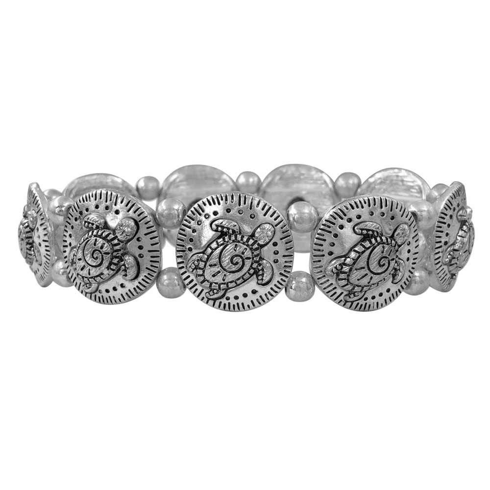 Sea Turtle Silver Tone Disk Stretch Bracelet